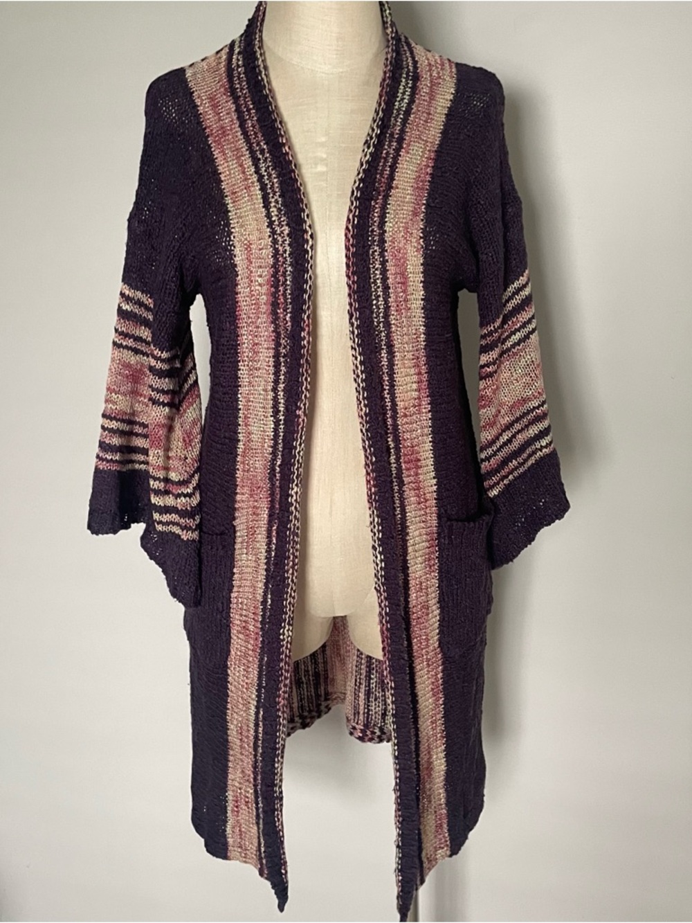 Easel long boho wine striped cardigan size S/M